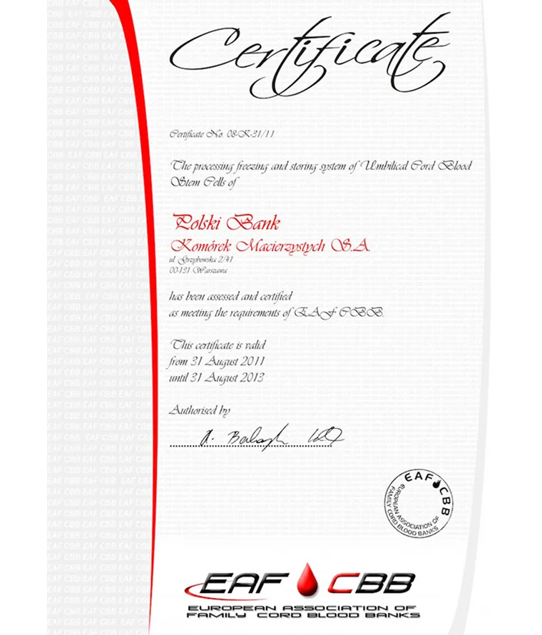 European Association of Family Cord Blood Banks Certificate